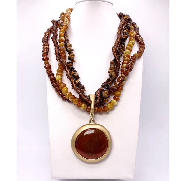 Vintage Amber Tone Lucite MultiStrand Necklace with Cabochon Pendant - Picture 2 of 7